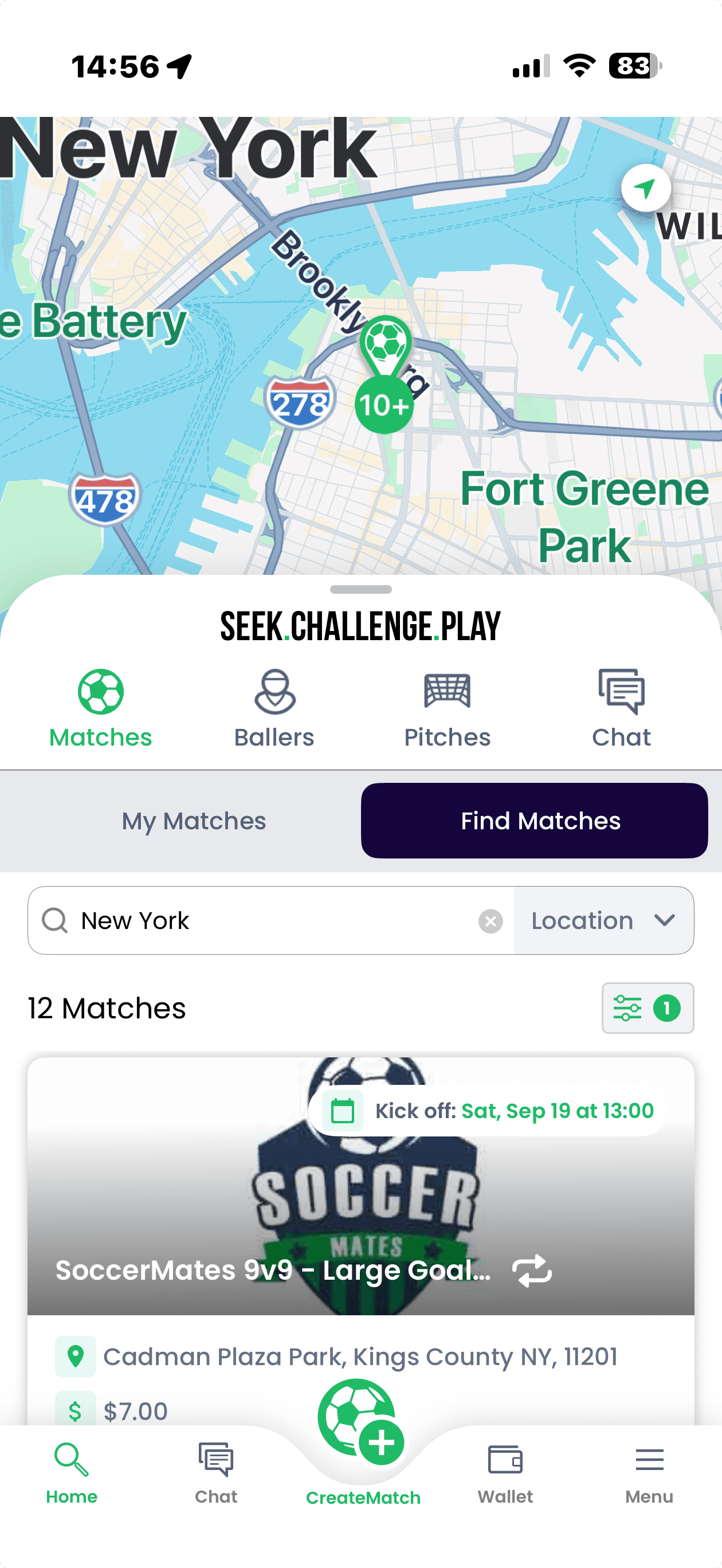 WOOOBA app showing SoccerMates matches near Cadman Plaza, New York